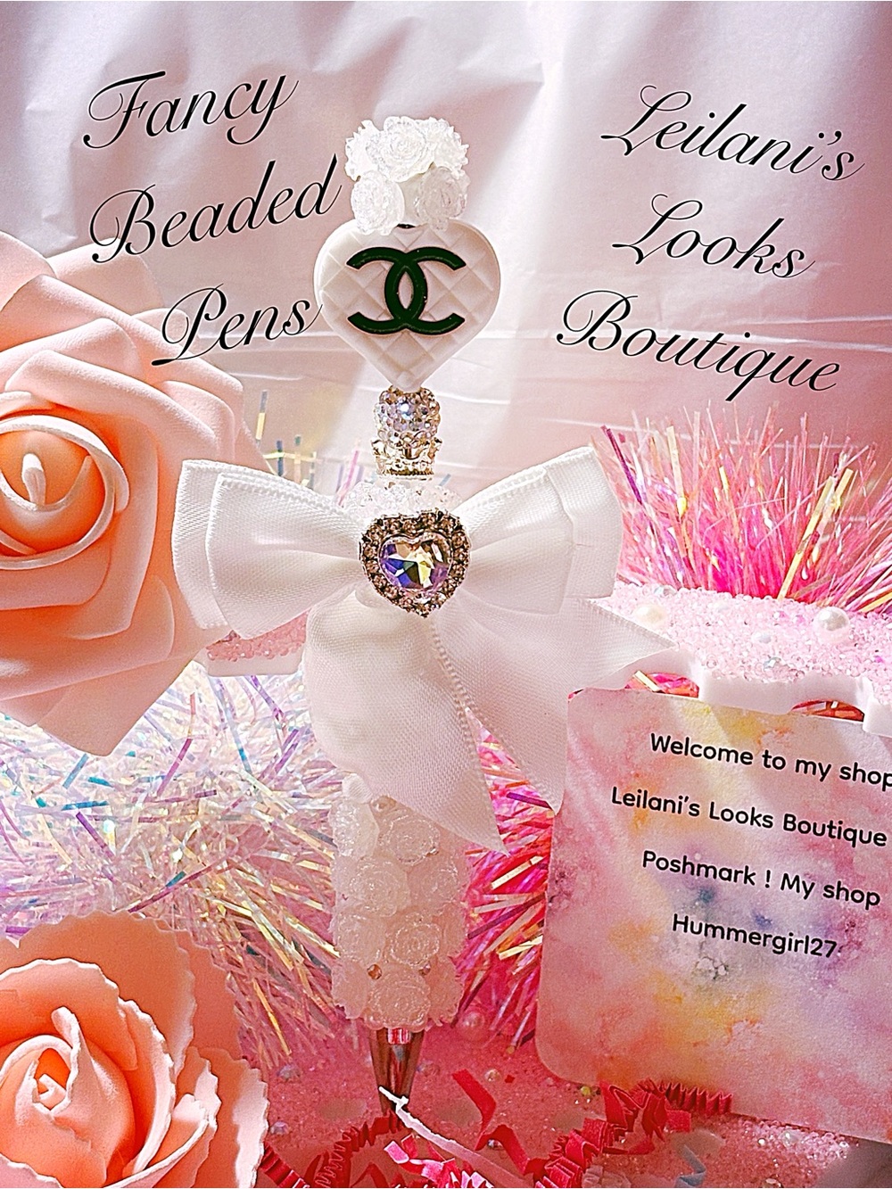 Fancy beaded Pen/gifts/white bow/white heart/flower pen/